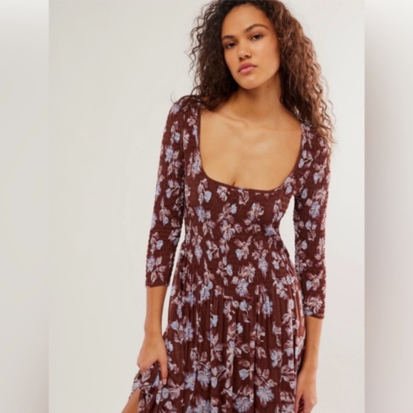 Free People Starlit Nights MIDI Dress Smocked Sheer Slip Floral Medium Med M FP - Picture 5 of 8